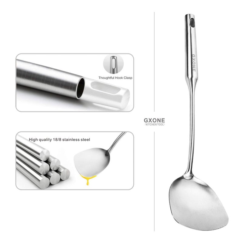 GXONE Wok Spatula Stainless Steel, Wide Metal Spatula with Hollow Long Handle Wok Utensils,Silver/14.7Inch - Image 3